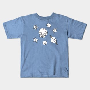 White Cartoon Seashells and Starfish Pattern on a Light Blue Backdrop, made by EndlessEmporium Kids T-Shirt